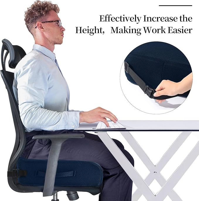 MABOZOO Extra Thick Chair Cushions, Office Chair Booster Seat Cushion to Raise Seat Height for Pain Relief,18 x 16 x 6 inch Non Slip Memory Foam Thick Cushion with Carry Handle（Navy Blue）