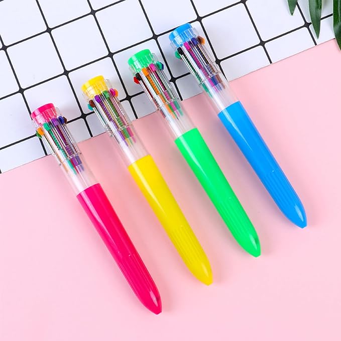 HeTaoCat Multicolor Pens 3 Pack 0.5mm 10-in-1 Retractable Ballpoint Pens - 10 Colors Transparent Barrel Ballpoint Pen for Office Supplies (Red)