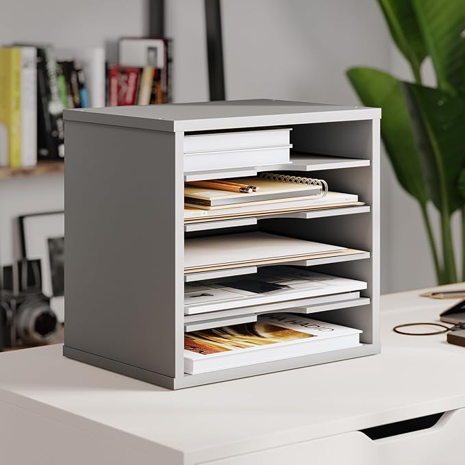 Ballucci File Organizer Paper Sorter, 5 Tier Adjustable Shelves Office Desk Organizer, 13 5/8" x 9 1/4" x 12", Gray