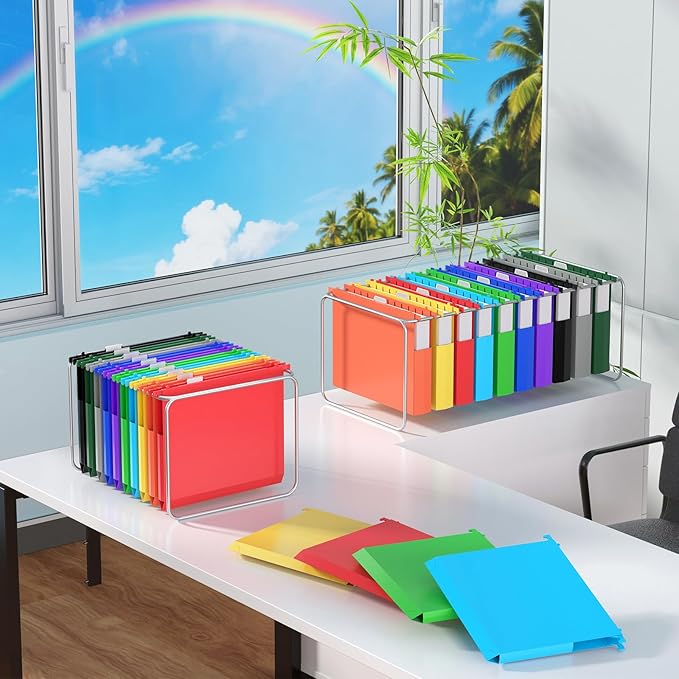 10pcs Hanging File Folders Letter Size, Plastic Hanging Folders, 2" Expandable File Folders Hanging with Tabs, File Organizer for Home Office School Document Organization, Assorted Colors