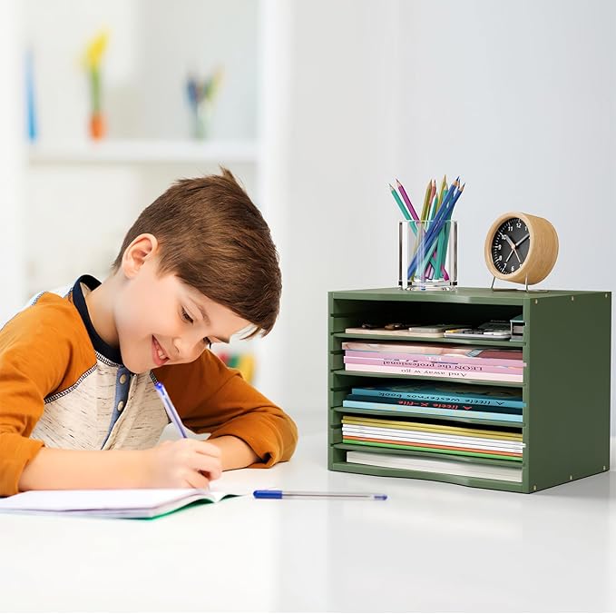 Bamjoy Bamboo 5 Tier Desktop Organizer, Paper Organizer Mail Sorter, File Holder Letter Document Storage with Adjustable Shelves for School Home Office, Forest Green