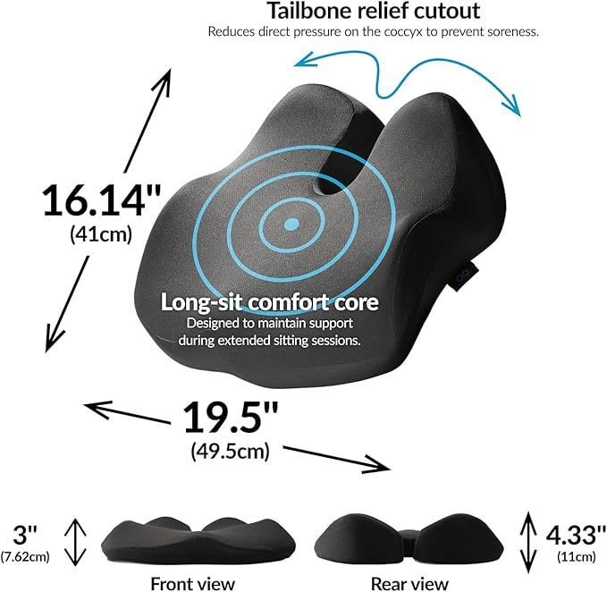 Everlasting Comfort Doctor Recommended Memory Foam Seat Cushion for Office Chairs & Car - Ergonomic Office Desk Accessories - Cushions for Tailbone Pain Relief,Sciatica (Premium Charcoal Black, Large)