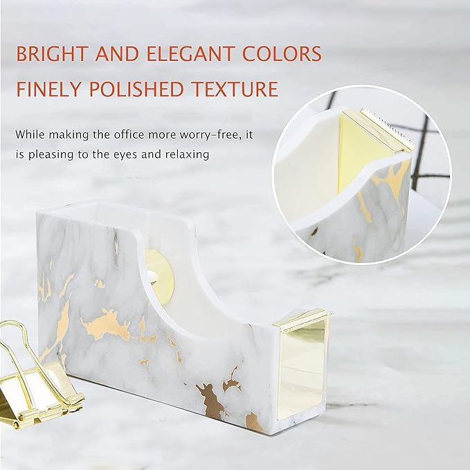 Gold Marble Desk Accessories, Office Supplies Set Stapler Set Staple Remover, Tape Holder, Pen Holder, 2 Ballpoint Pen, Scissor, Binder Clips, Paper Clips and 1000pcs Staples.