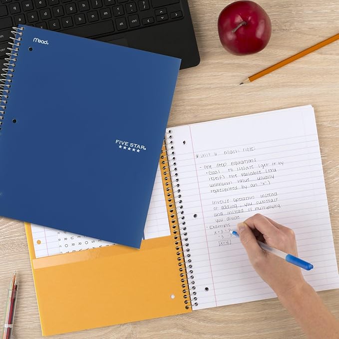 Five Star Spiral Notebook + Study App, 2 Pack, 5 Subject, College Ruled Paper, Fights Ink Bleed, Water Resistant Cover, 8-1/2" x 11", 200 Sheets, Pacific Blue & Fire Red (38459)
