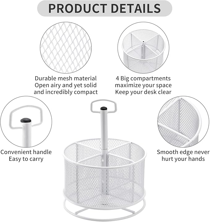 Marbrasse Mesh Desk Organizer, 360-Degree Rotating Multi-Functional Pen Holder, 4 Compartments Desktop Stationary Organizer, Home Office Art Supply Storage Box Caddy (White)