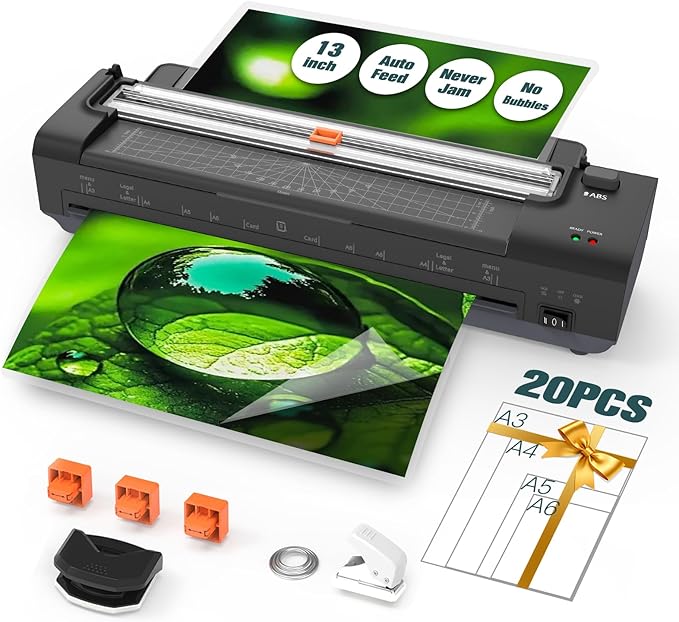 13 Inch Laminator Machine with Auto Paper Feed, Never Jam A3 Thermal & Cold Lamination, 20 Laminating Sheets, 10-in-1 Laminator with Cutter, Trimmer & Corner Rounder for Office School Home Use Black