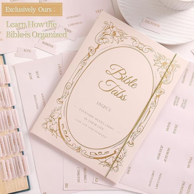 Laminated Bible Tabs, Gold Foil Embossed Lettering Bible Chapter Index Tabs for Women Men, Reposition Large Print Sticky Labels, Easy to Read and Apply, 105Chapters Labels for Easy Navigation (Creamy)