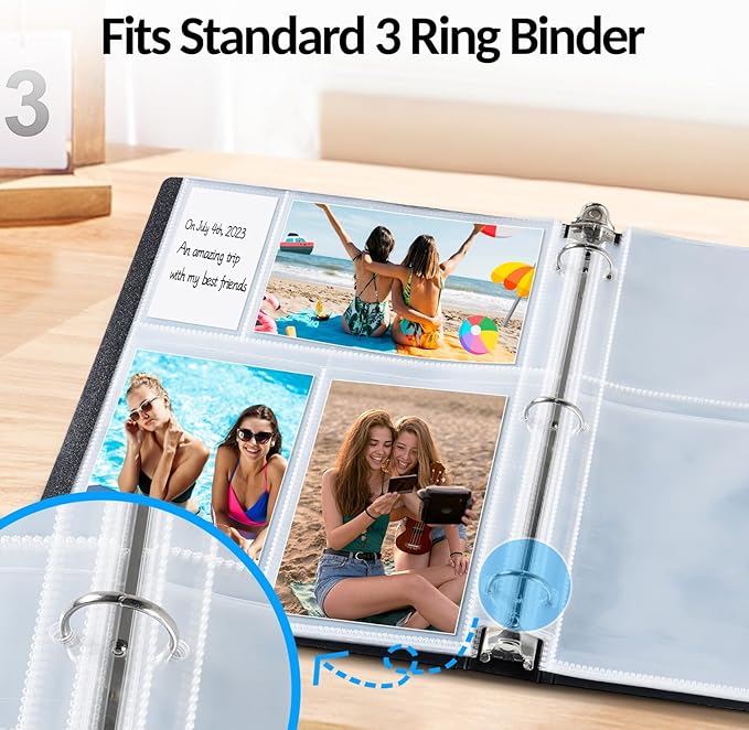 100 Pack 4x6 Photo Sleeves for 3 Ring Binder - 600 Photos, Clear Album Refill Pages, Acid Free Plastic Archival Protector Sleeves, Pages Sheets for 8.5x11 Binder