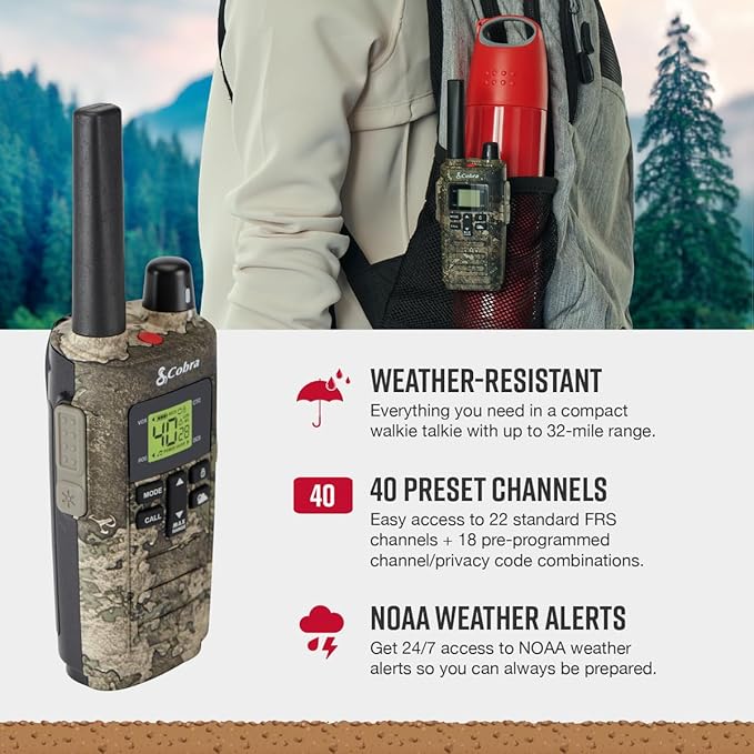 Cobra RX380TTC 2-Pack Walkie Talkies & Compatible Cobra GA-SV01 2P Surveillance Headset Microphones: Rechargeable, 40 Preset Channels, Long Range 32-Mile Two-Way Radio Set, Camo