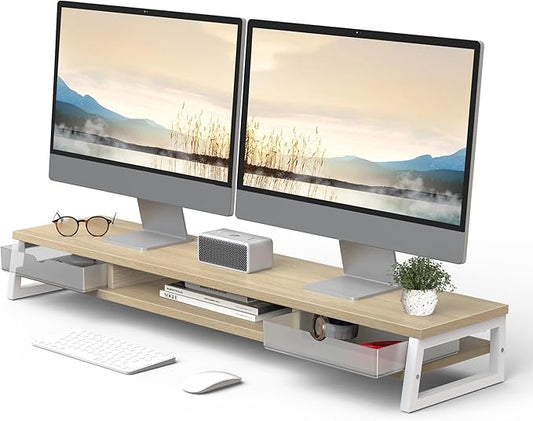 Fenge Dual Monitor Stand, Monitor Riser with Drawer, 42.5 Inch Large Computer Monitor Stand for 2 Monitors, 2 Tier Wooden Desk Shelf for Top of Desk