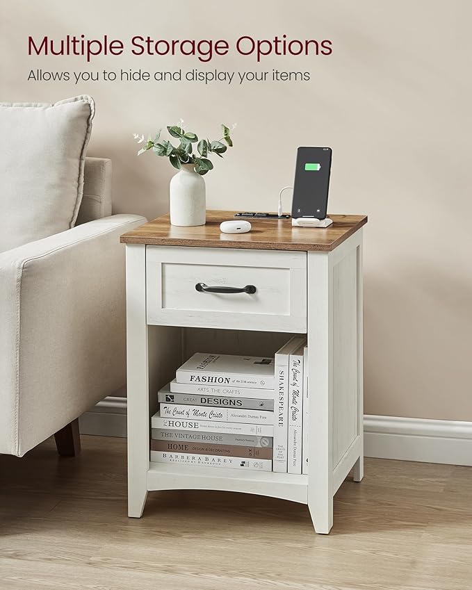 VASAGLE LIRY Collection - Farmhouse Nightstand with Charging Station, Bedside Table, Side Table with Drawer, Open Compartment, for Bedroom, Rustic White and Honey Brown ULET659K41