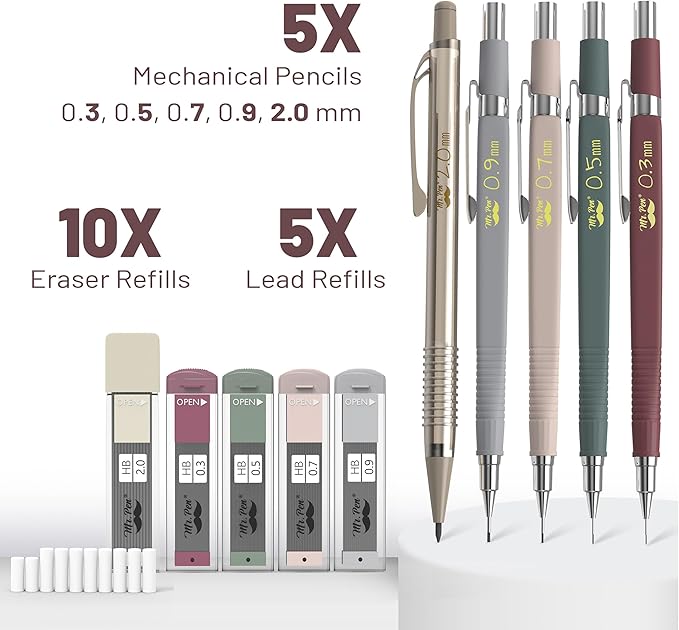 Mr. Pen- Mechanical Pencil Set with Leads and Eraser Refills, 5 Sizes - 0.3, 0.5, 0.7, 0.9 and 2 Millimeters, for Drafting, Drawing and Sketching