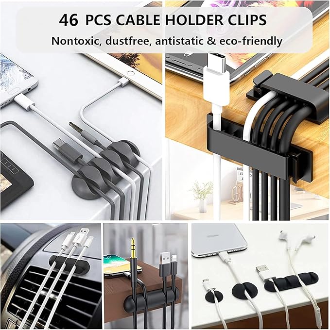 Cord Management Organizer Kit 4 Cable Sleeve split with 41Self Adhesive Cable Clips Holder, 10pcs and 2 Roll Self Adhesive tie and 100 Fastening Cable Ties for TV Office Car Desk Home