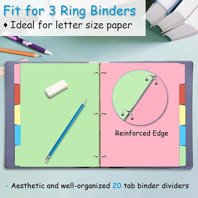 Binder Dividers for 3 Ring Binder, 1/5 Cut Tabs, Letter Size, Blank Write On Page Dividers with 5 Big Tabs for School Office Home, 4 Sets, 20 Dividers, Colorful