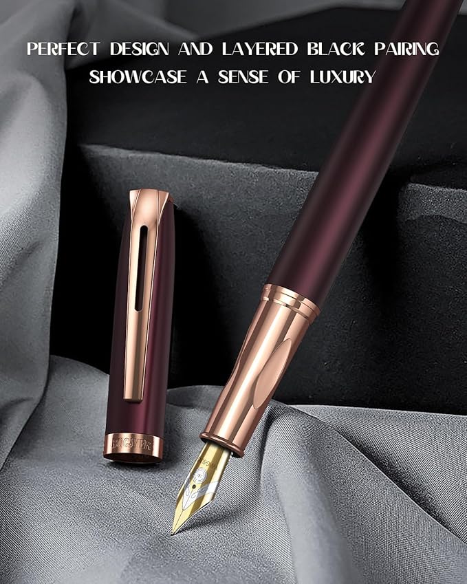 samurai Fountain Pen Set,Hand Polished Medium Nib,Calligraphy Nib(Bent Nib),Includes 8 Ink Cartridges,Ink Refill Converter*2 And Gift Box,Best Pen Gift Set for Men & Women(Dark red)