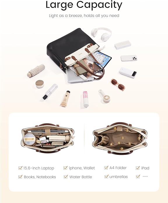 LOVEVOOK Laptop Tote Bag for Women Work, Teacher Tote Bag with Large Cup Holder, 15.6 Inch Waterproof Leather Computer Bag