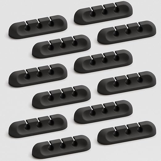 USB Cable Organizer Clips Cord Holder,12 Packs (3-Slots) Black Self Adhesive Desk Cord Cable Management