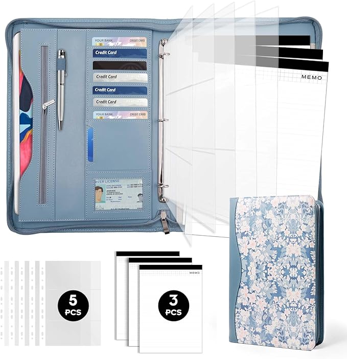 Padfolio Portfolio Folder Binder-Organizer Planner Notebook Zippered Portfolio Padfolio for Women & Men with Document Sleeve,Letter/A4 Size Clipboard,Business Card Holders (Blue Flower)
