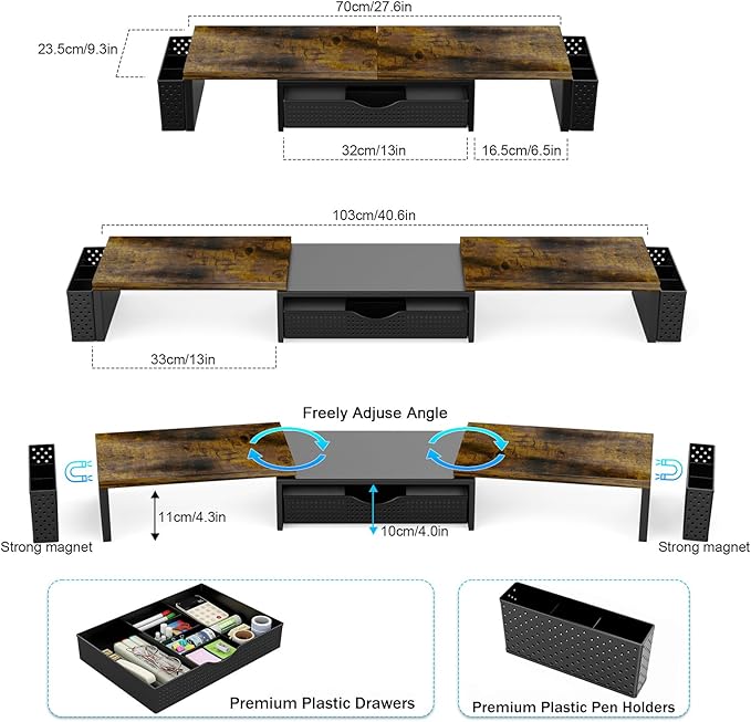 Spacrea Metal Desk Organizers and Accessories, Dual Monitor Stand Riser with Drawer and 2 Pen Holders, Desk Accessories & Workspace Desktop Organizers for Office Supplies (Wood)