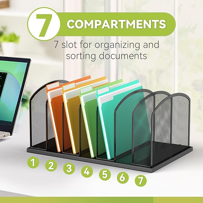 Desk File Organizer 7 Sections Upright Mesh File Sorter Organizer for Desk, Office Organization File Holder for Home, Office & Classroom (Black, 1Pack)
