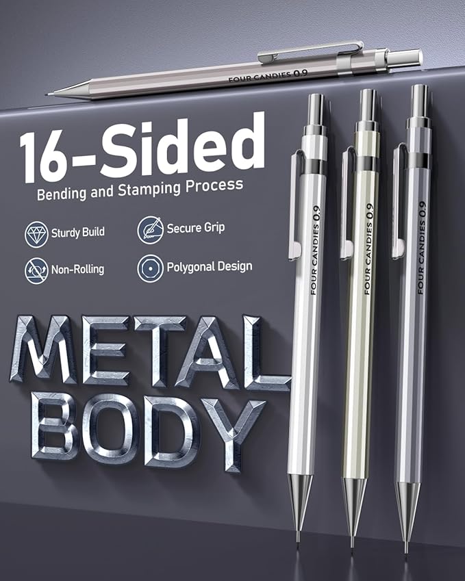 Four Candies 0.9mm Metal Mechanical Pencil Set with Case - 4PCS Fancy Mechanical Pencils, 8 Tubes HB #2 Lead Refills, 3PCS 4B Erasers and 9PCS Eraser Refills, Led Pencils Mechanical for Writing