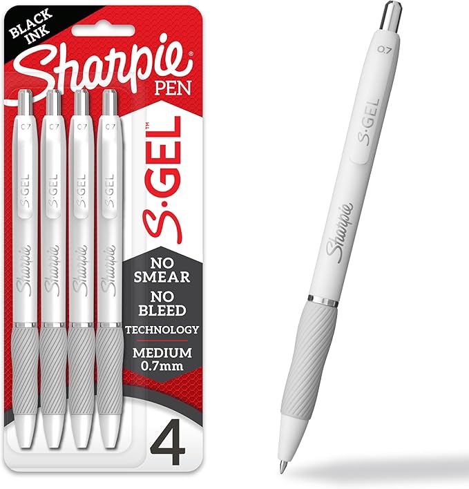 Sharpie S-Gel Pens, Medium Point (0.7mm), Pearl White Body, Black Ink, 4 Count - Ideal for Writing, Journaling, Drawing, Coloring, Note-Taking, College Supplies