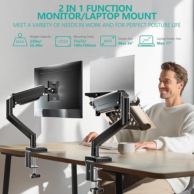 WALI Laptop Desk Mount, 2-in-1 Monitor Mount Fit 17” Notebook and 34” Monitors, Laptop Stand for Desk Adjustable Height, Gas Spring Monitor Arm with Laptops Holder, Up to 22-26.4lbs(GSMP001LPN), Black