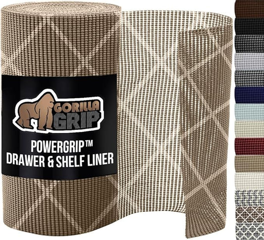 GORILLA GRIP powerGRIP Drawer Shelf and Cabinet Liner, Thick Strong Hold, Non-Adhesive Liners Protect Kitchen Cabinets and Cupboard, Bathroom Drawers, Easy Install, Breathable Mat, 20" x20', Beige