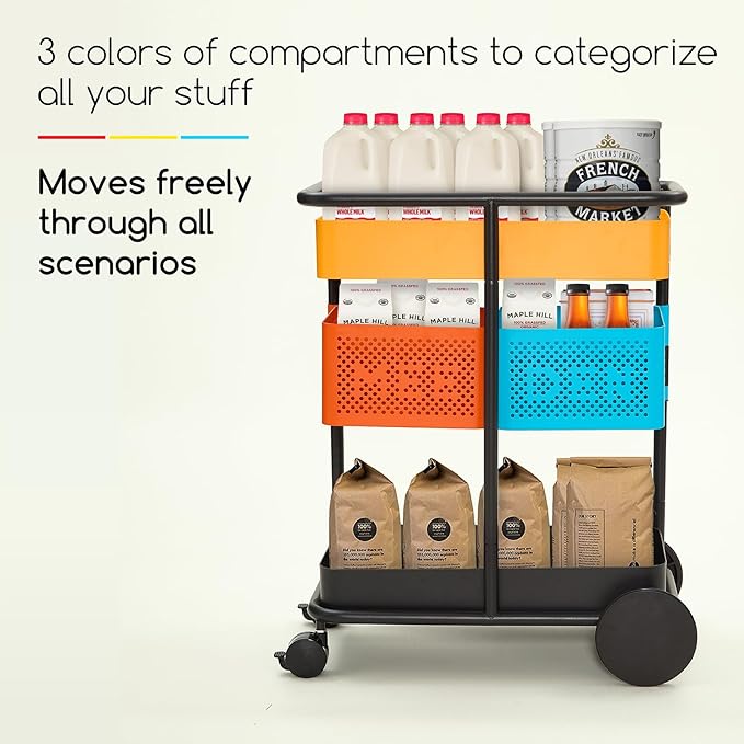 MEEDEN 3 Tier Rolling Utility Cart: Metal Heavy Duty Storage Cart Organizer with Wheels - Portable Tool Trolley for Home Office Kitchen
