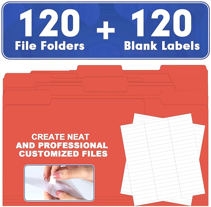 File Folder, HERKKA 120 Pack 1/3 Cut Tab File Folders, File Folders Great for Organizing and Filing, Letter Size, Red