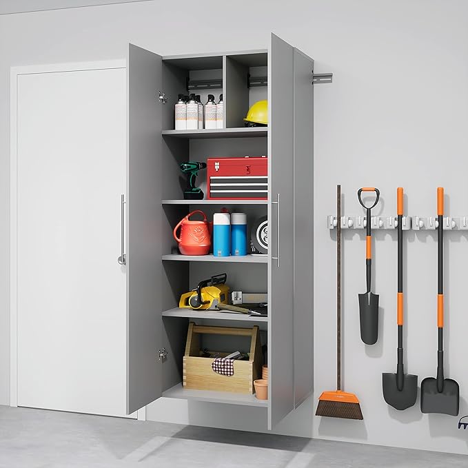 Prepac HangUps 30" Large Garage Cabinet, Bathroom Cabinet Wall Mount, Ideal for Garage, Kitchen and Laundry Organization 30" W x 72" H x 16" D, Light Gray