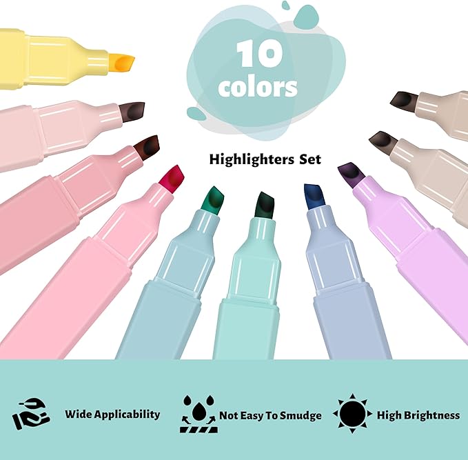 Highlighters, Aesthetic Cute Pastel Highlighters Set, 10 pcs, Chisel Tip, No Bleed Bible Highlighter Assorted Colors, Back to School Supplies