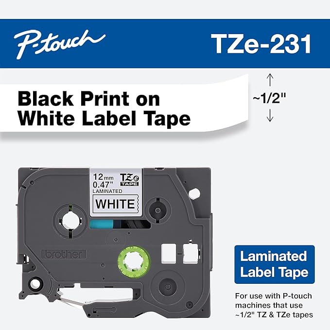 Brother TZE231 Laminated Labeling Tape, for TZ Models, 1/2-Inch, Black/White