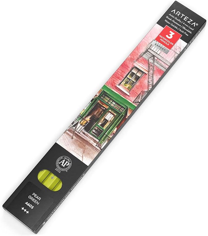 Arteza Professional Watercolor Pencils, Pack of 3, A603 Pear Green, Water-Soluble Pencils for Coloring, Blending, Layering & Watercolor Techniques