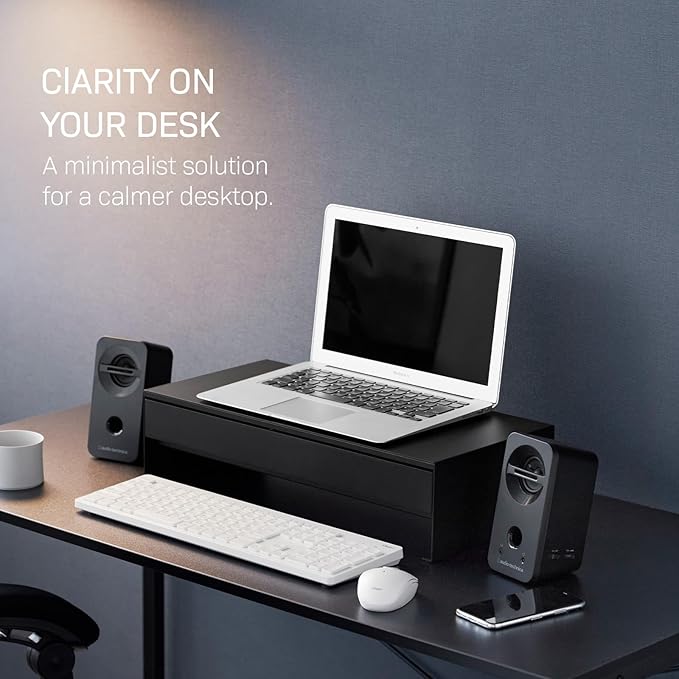 YAMAZAKI Home Tower Monitor Stand With Drawer – Monitor Riser With Storage, Desk Monitor Stand With Cable Management, Gaming Organizer, Steel, Black - Steel