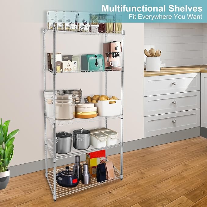 Whitmor 5 Tier Storage Shelves, Heavy Duty with Wheels, Adjustable Steel Organizer, 400 lbs Capacity per Shelf, Max 2000 lbs Total for Home, Garage, Workshop, 36" L x 18" W x 71" H, Chrome