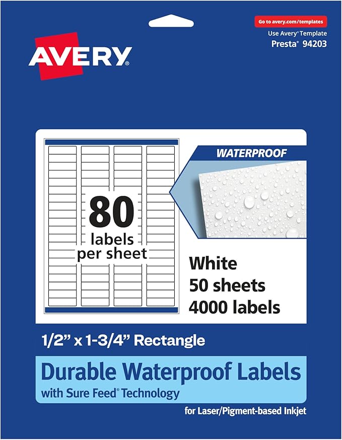 Avery Printable Durable White Rectangle Labels, Sure Feed Technology, 0.5" x 1.75", Waterproof Labels, Laser & Pigment-Based Inkjet Compatible, 4000 Total