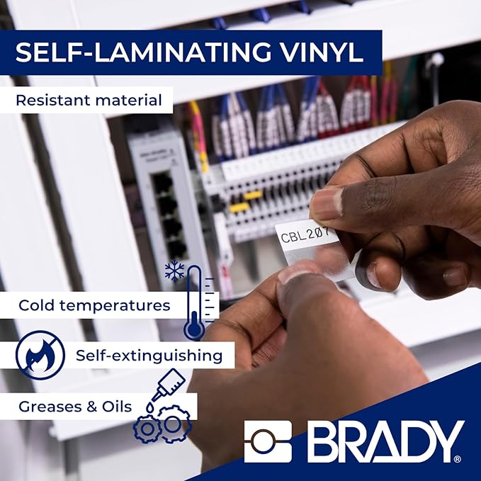 Brady Authentic (M5-115-427) Self-Laminating Vinyl Wrap Around Labels 1.25" H x 1.5" W Black on White, Clear, 200 Labels. for use with The BMP51 and M511 Label Printers