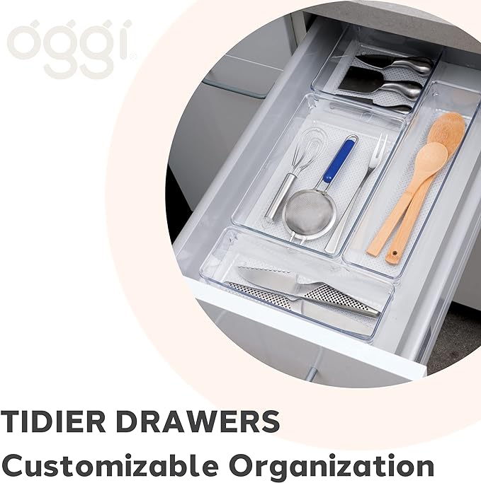 Oggi Clear Drawer Organizer - 6" X 6.25"- Ideal for Organizing Kitchen Drawers, Office, Desk, Silverware, Kitchen Utensils, Cosmetics and Bathrooms - Set of 6