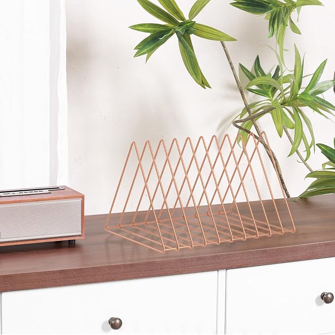 Urban Deco Triangle Desk Organizers Metal Wire Magazine Holder 10 Sections Decorative File Folder Organizer Vinyl Record Storage Office File Organizer For Desk - Rose Gold Magazine File Holder