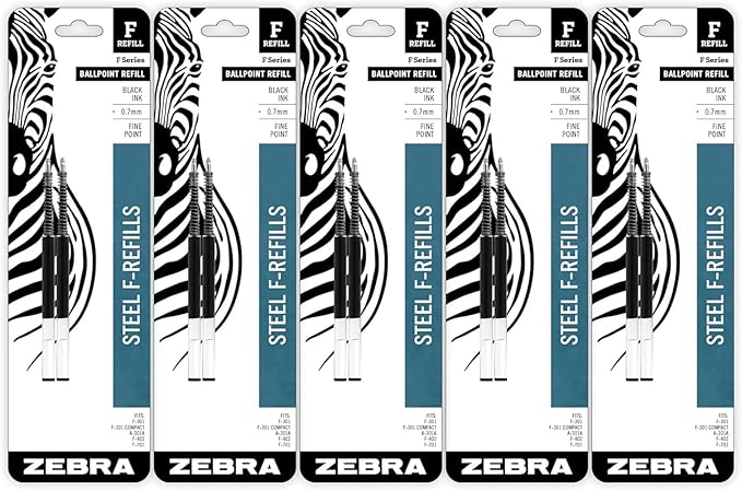 Zebra Pen Steel, F-Refill Ballpoint Ink Refills, 0.7mm Fine Point, Black Ink, Fits Zebra F-301, F-402, and F-701 Ballpoint Pens, Smooth Writing Performance, 10-Pack (500723