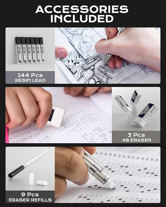 Nicpro 4 Pack Mechanical Pencil 0.7mm with Case, MB1000 Metal Mechanical Pencil Set with 6 Tube HB #2 Lead Refill 0.7 mm, 3PCS 4B Eraser, 9 Cap Eraser for Artist Drafting Writing, Sketching, Drawing