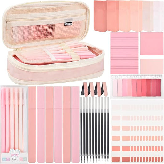 ChezAbbey 47Pcs Aesthetic School Supplies with Pencil Pouch - Cute College Essentials Set, Big Capacity Pen Case, Pastel Highlighters, Bible Study Journaling Stationary Kit (Pink)