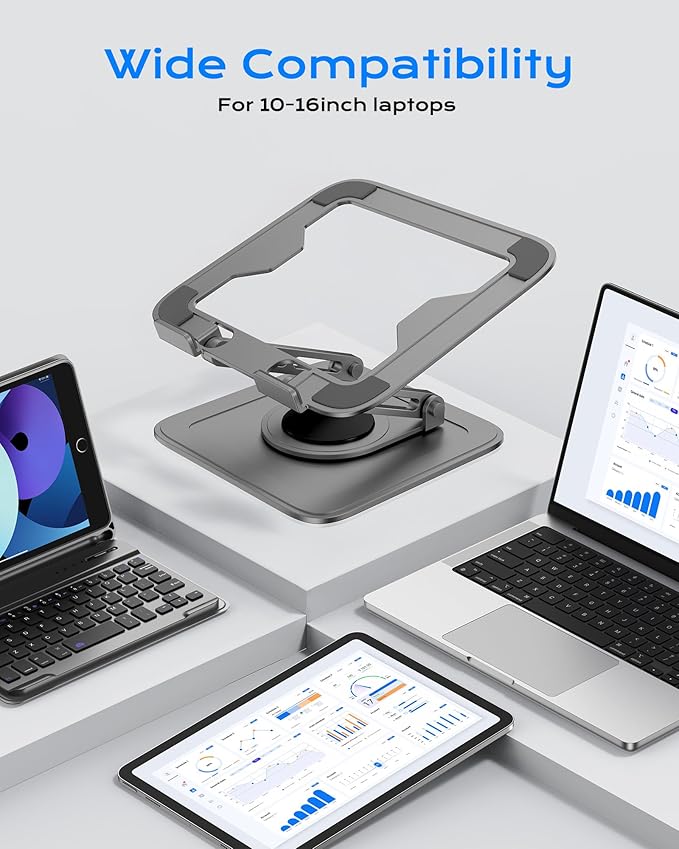 Adjustable Laptop Stand for Desk with 360 Base, Ergonomic Laptop Riser, Mount, Holder Notebook Computer Stand for MacBook Air Pro, HP, Dell, XPS, HP 16" Laptops - Gray