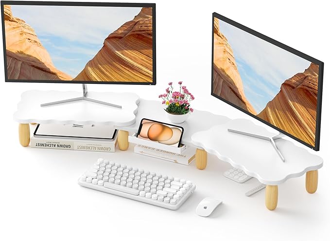 Dual Monitor Riser, Cookie-Shaped Adjustable Length & Swivel Angle, Wooden Desktop Organizer for 2 Monitors,Monitor Stand with Drawer for Laptop, PC, Computer, Printer,White