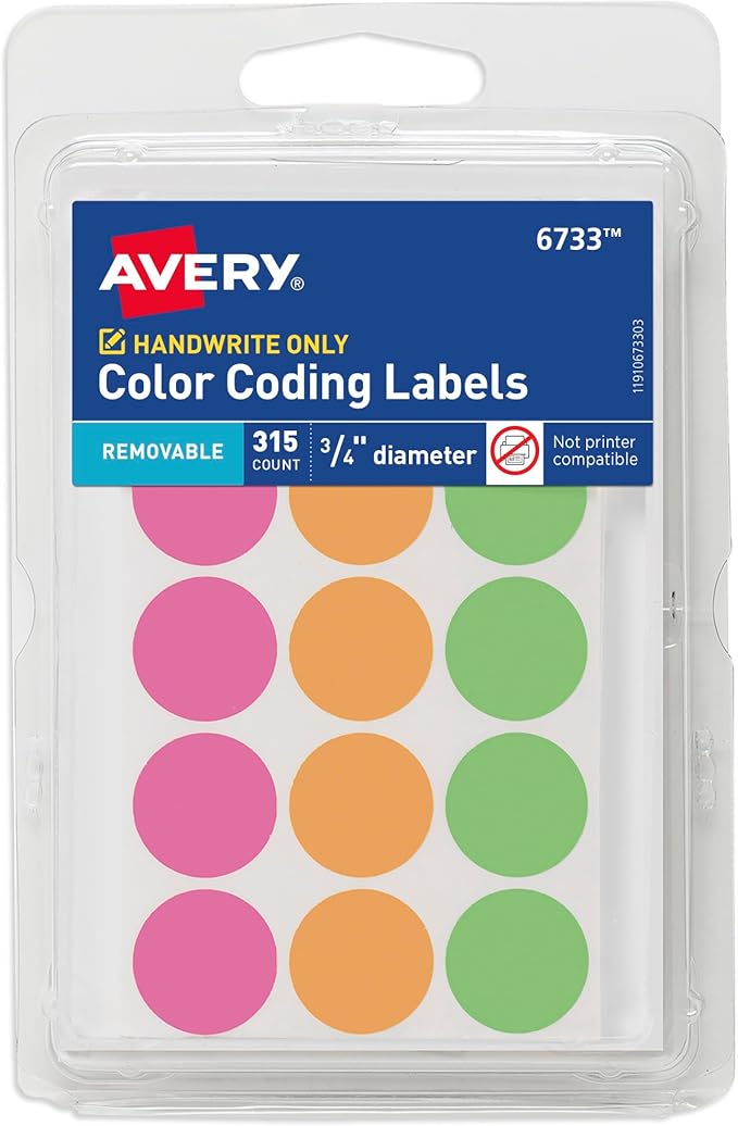 Avery Color-Coding Removable Labels, 3/4 Inch Round Stickers, Assorted Neon Colors, Non-Printable, 315 Labels Per Pack, 36 Packs, 11,340 Dot Stickers Total (6733)