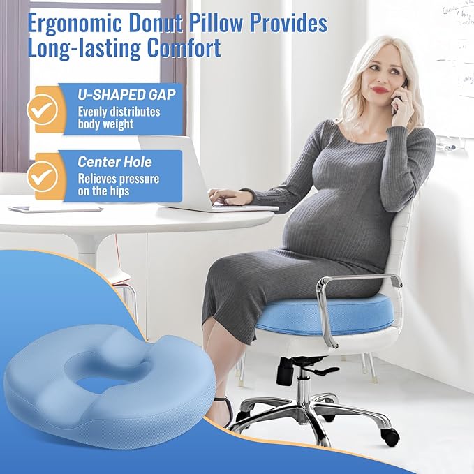 CloudBliss Donut Pillow Seat Cushion Chair Pad for Tailbone Pain Relief and Hemorrhoids, Memory Foam Seat Chair Cushion for Men and Women for Home & Office, (Light Blue-XL)
