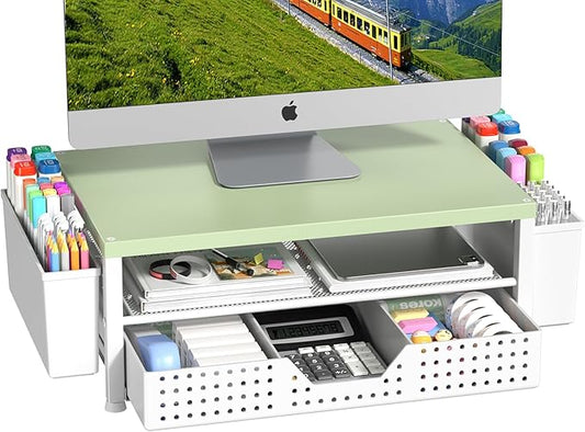 Wood Monitor Stand Riser, Laptop Stand for Desk, Office Desk Organizer and Accessories, Computer Desktop Shelf with Drawer and Pen Holder, Printer Stand for Home, Office, Dorm (Green Wood)