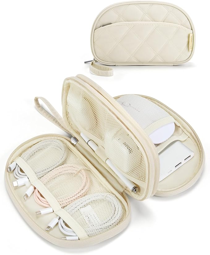 BAGSMART Travel Cord Organizer Electronics Case, Double Layers Puffer Cable Organizer Bag Travel Essentials for Women, Tech Organizer Case for Charger, Phone, Flash Drive - Beige