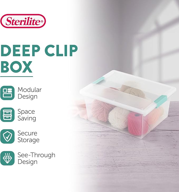 Sterilite 16-Pack Clip Box, Stackable Clear Plastic Bins with Latching Lids, Deep - Writing, Arts or Crafts Supplies Storage Containers for Home, Office, Classroom and Workshop Organization